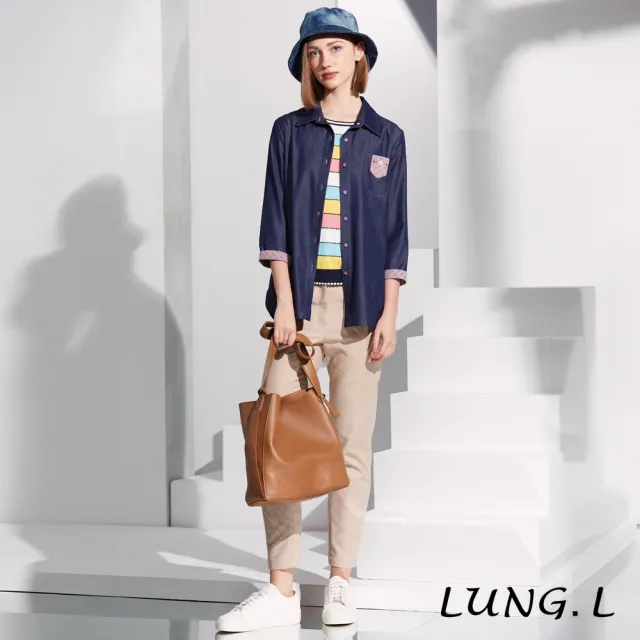 【LUNG.L 林佳樺】L852A 粉色彩條搭配藍色短袖女裝針織衫(春夏新品)