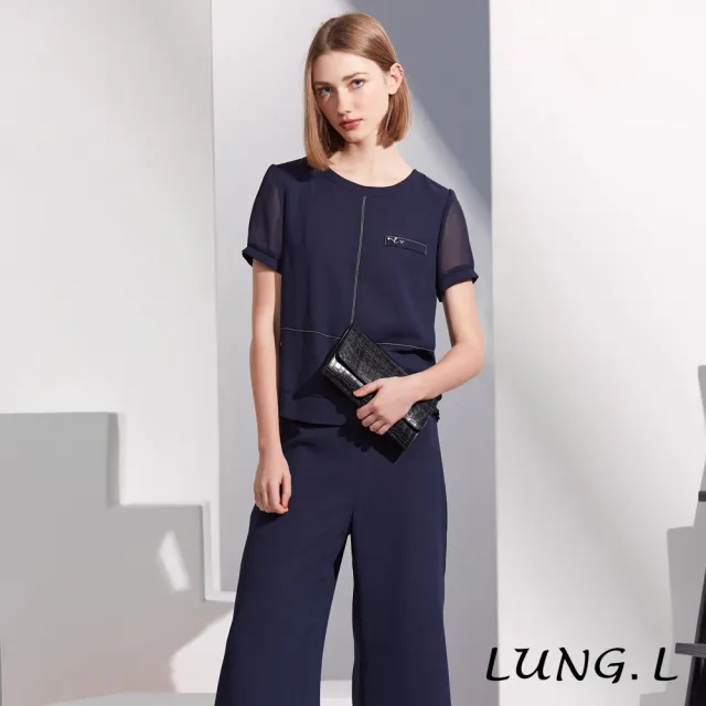【LUNG.L 林佳樺】LR85A 藍色厚雪紡白色壓線短袖女裝上衣(春夏新品 加大尺碼)