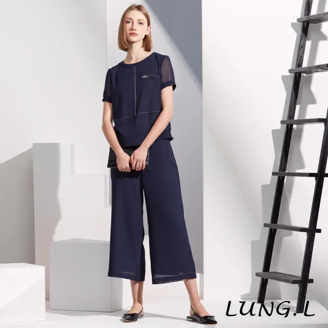 【LUNG.L 林佳樺】LR85A 藍色厚雪紡白色壓線短袖女裝上衣(春夏新品 加大尺碼)