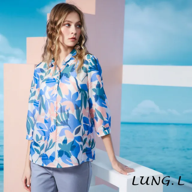 【LUNG.L 林佳樺】LS77A 水藍色印花半門襟A-line七分袖女裝上衣(春夏新品 加大尺碼)