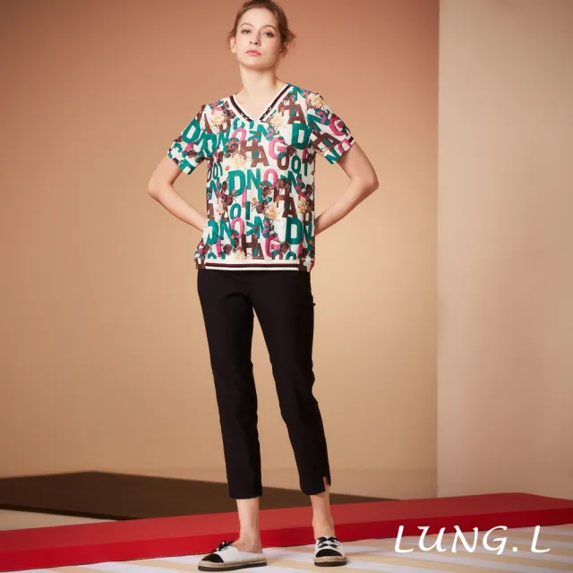 【LUNG.L 林佳樺】LS65A 綠色英文字母印圖V領短袖女裝上衣(春夏新品)