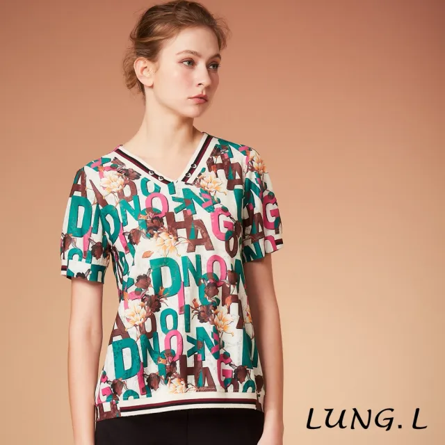 【LUNG.L 林佳樺】LS65A 綠色英文字母印圖V領短袖女裝上衣(春夏新品)