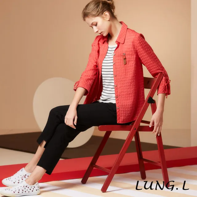 【LUNG.L 林佳樺】LS62E08 黑色脇邊印字涼感彈性女裝九分褲(春夏新品 加大尺碼)