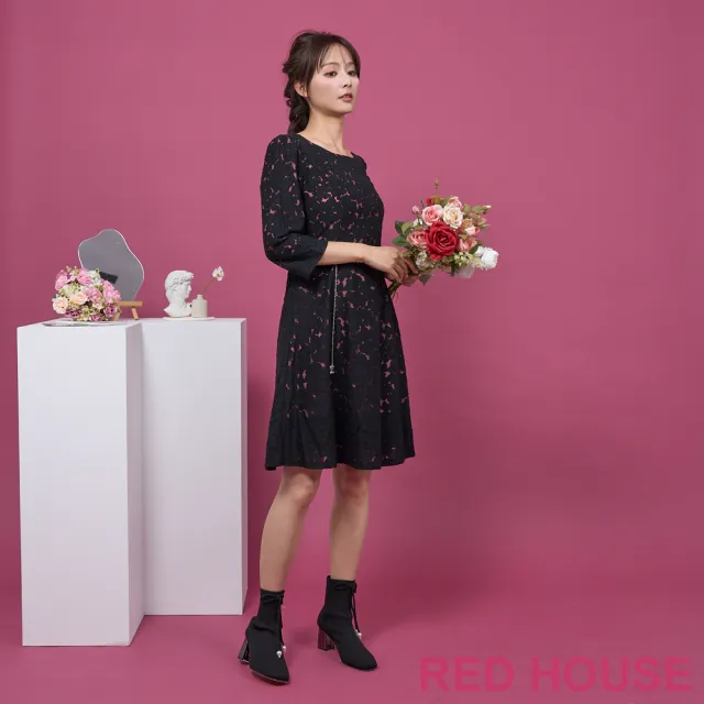 【RED HOUSE 蕾赫斯】雅緻花朵蕾絲洋裝-不含腰鍊(共2色)