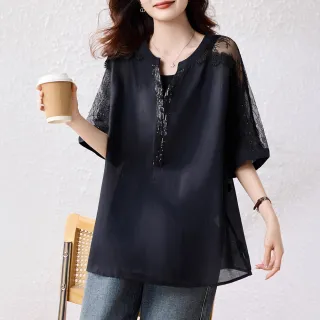 【ALLK 歐楷】新品 亮片拼接上衣 黑色(尺寸L-XXL/中大尺碼/涼爽/透氣)