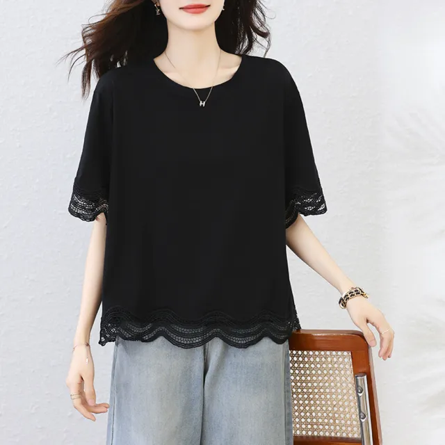 【ALLK 歐楷】新品 蕾絲拼接上衣 黑色(尺寸L-XXL/中大尺碼/涼爽/透氣)