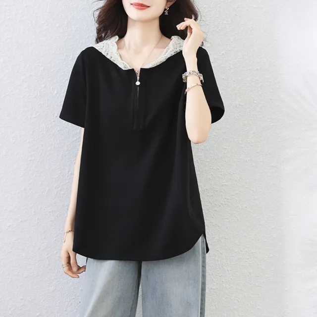 【ALLK 歐楷】新品 蕾絲連帽上衣 黑色(尺寸L-XXL/中大尺碼/涼爽/透氣)
