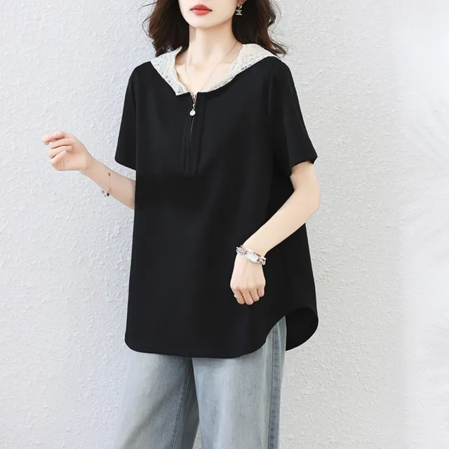 【ALLK 歐楷】新品 蕾絲連帽上衣 黑色(尺寸L-XXL/中大尺碼/涼爽/透氣)