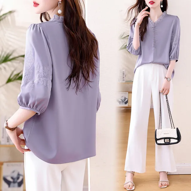 【ALLK 歐楷】新品上架 立領繡花上衣 圖片色(尺寸L-XXL/中大尺碼/涼爽/透氣)