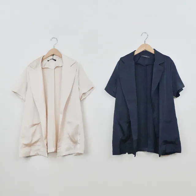 【MASTINA】OVERSIZE短袖西裝外套(深藍 米/魅力商品)