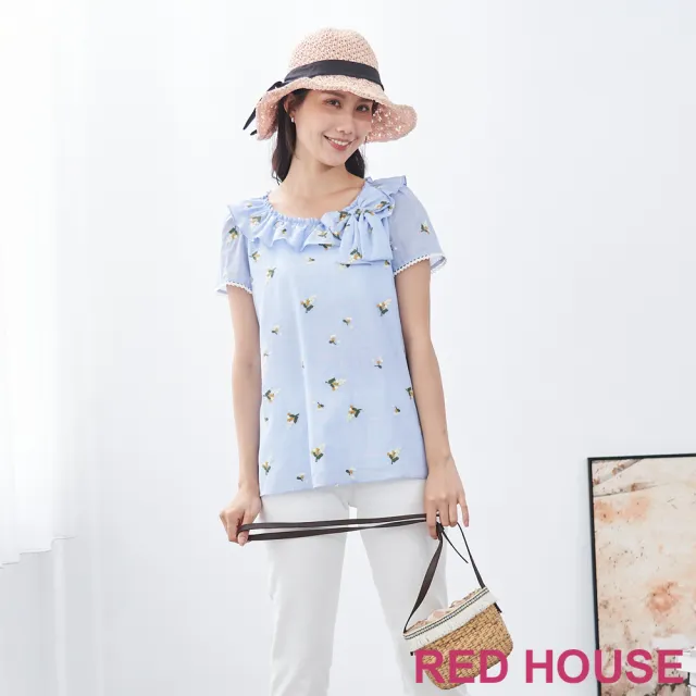 【RED HOUSE 蕾赫斯】清新荷葉領小繡花上衣(藍色)