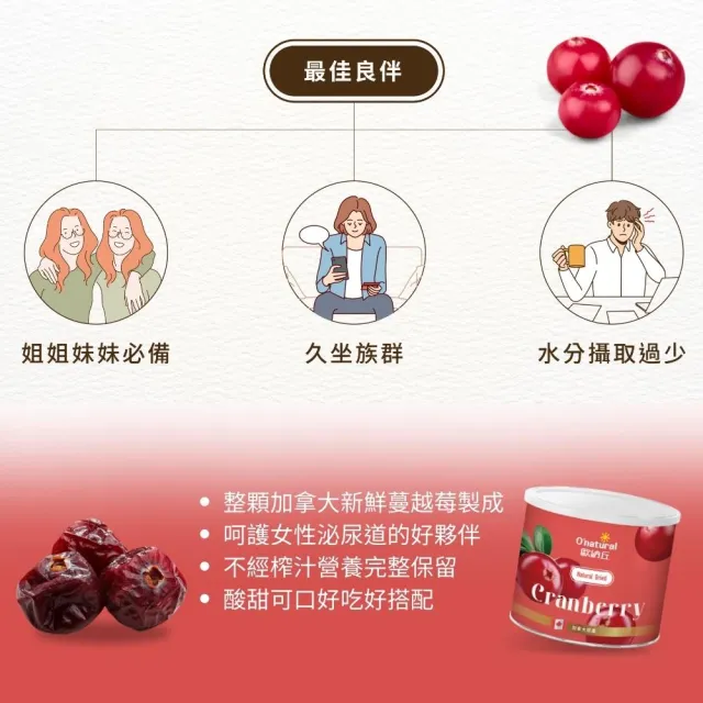 【O’natural 歐納丘】純天然整顆蔓越莓乾210g*3罐