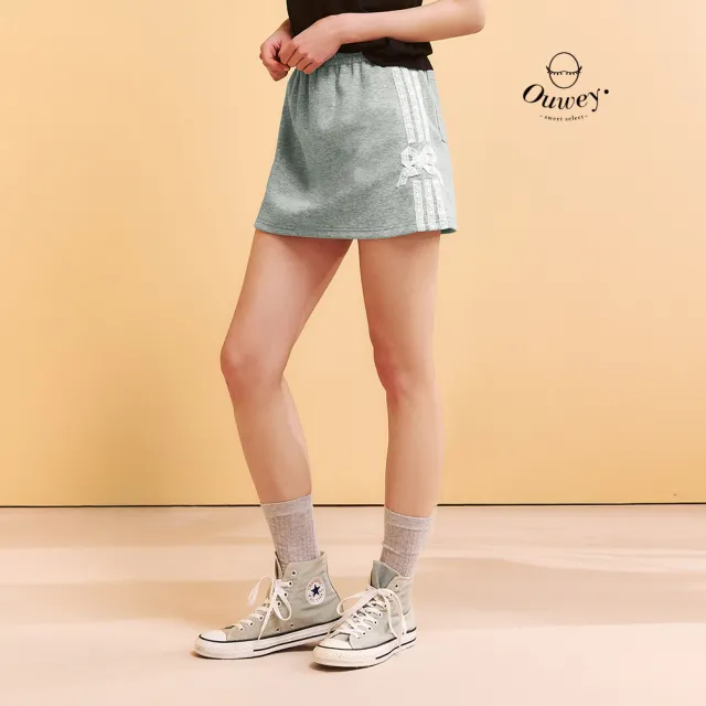 【OUWEY 歐薇】細條蕾絲蝴蝶結鬆緊棉短褲裙(灰;S-L;3252322415)