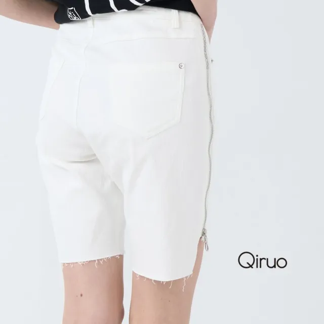 【Qiruo 奇若名品】彈性棉 拉鍊鈕扣白色膝上休閒短褲7061C
