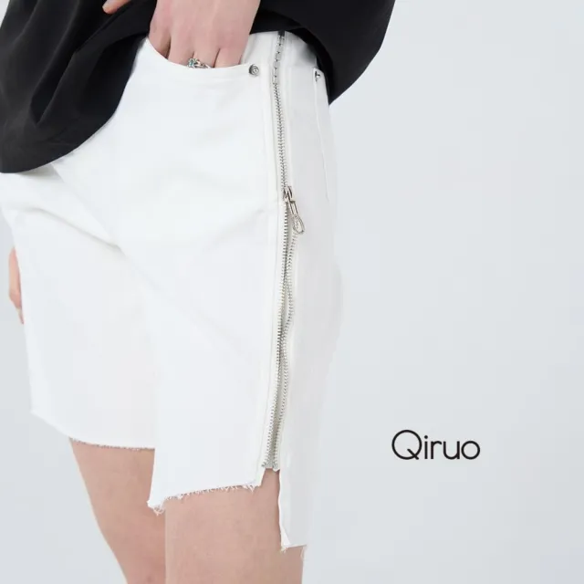 【Qiruo 奇若名品】彈性棉 拉鍊鈕扣白色膝上休閒短褲7061C