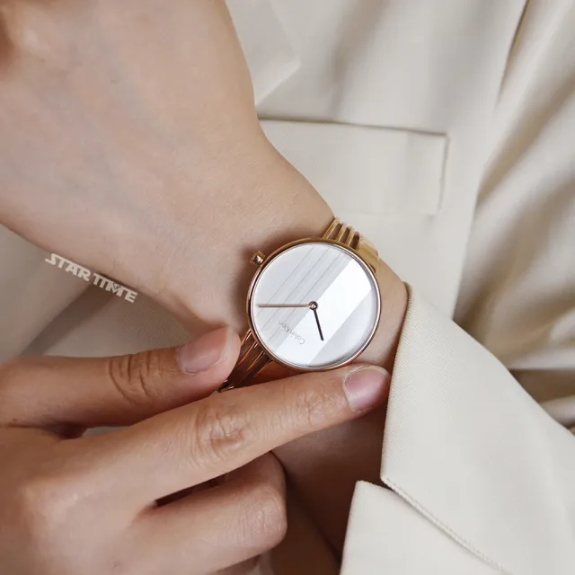 【Calvin Klein】Drift系列 立體條紋白色面 玫瑰金色不鏽鋼手環式錶帶 34mm 手錶 CK錶(K6S2N616)