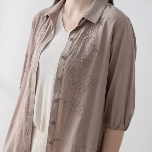 YASA 刺繡晶鑽亞麻罩衫