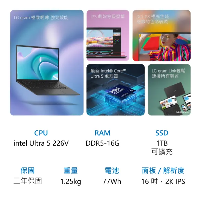 LG 樂金】Gram Pro 16吋Ultra 5 226V 輕薄AI筆電(16Z90TS-G.AS59C2/16G