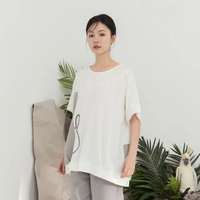 【MOSS CLUB】簡約線條moss兔異材質拼接寬鬆T恤(藍 黑 白 紫)