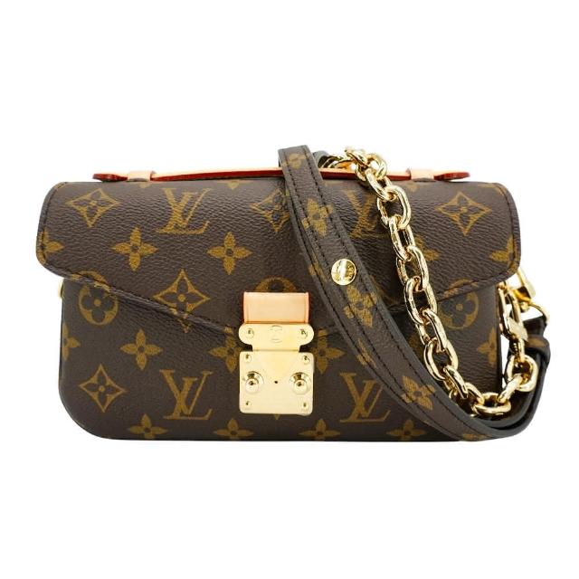 LV LOUIS VUITTON 路易威登 M46279 Pochette Metis East West 帆布斜背郵差包，採用經典咖啡色系帆布與牛皮設計，輕便實用。內附3個夾層與1個內袋，適合日常攜帶。配有原廠防塵袋與包裝盒，背帶全長60cm，提把高度約45cm，適合女性使用。