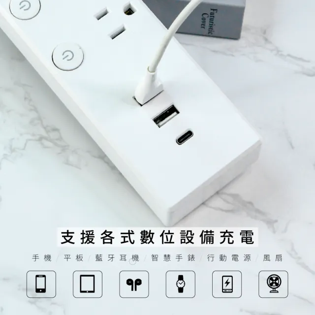 【KINYO】五開四插雙USB延長線 1.8M(CGU-3546)