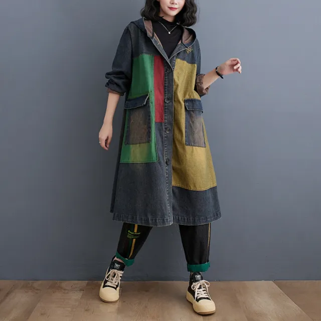 【巴黎精品】美式牛仔外套丹寧夾克經典牛仔襯衫休閒長袖上衣(連帽復古拼色長款女外套n1jc34)
