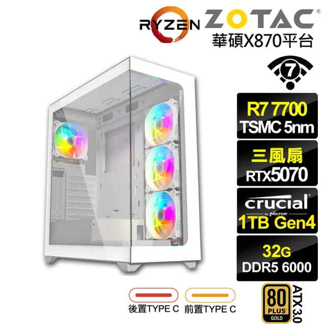 【NVIDIA】R7八核GeForce RTX 5070{瑪亞特L28C}電競電腦(R7-7700/華碩X870/32G D5/1TB/WIFI)