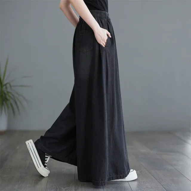 【巴黎精品】高腰牛仔褲長褲大碼寬褲直筒褲裙落地褲休閒女裝(綁帶單寧寬管褲裙女褲子n1jc36)
