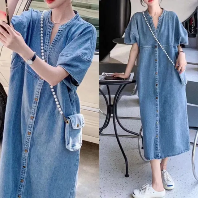 【巴黎精品】牛仔洋裝丹寧連身裙大尺碼長裙連衣裙A字裙休閒大碼女裝(短袖襯衫裙女裙子2色n1jc31)