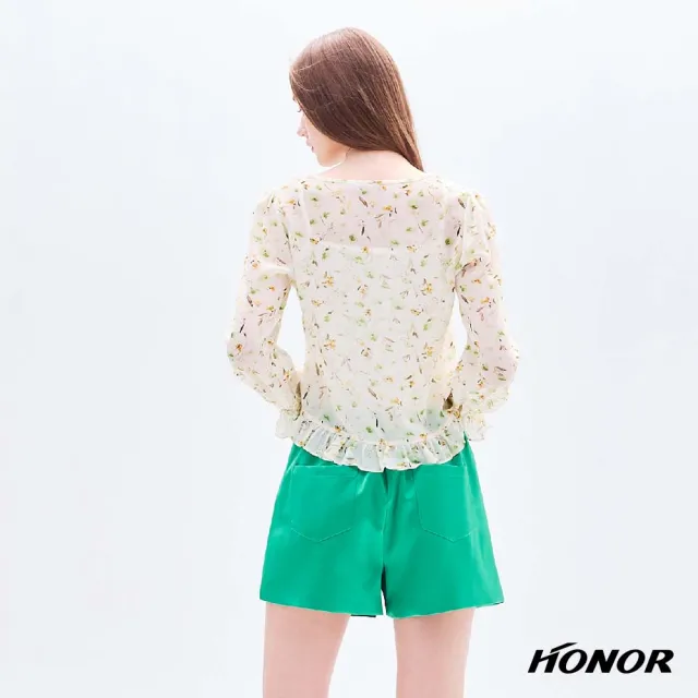 【HONOR 山形屋】出清品 綁帶荷葉拼接碎花雪紡罩衫-米白(限定出清)