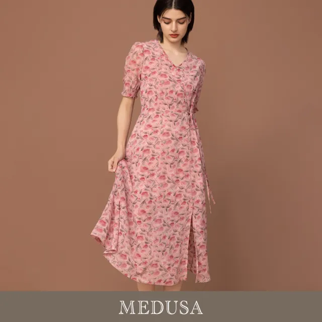 【MEDUSA 曼度莎】現貨-浪漫玫瑰側綁結雪紡長洋裝（M-XL）｜雪紡洋裝 約會穿搭 碎花洋裝(601-90906)