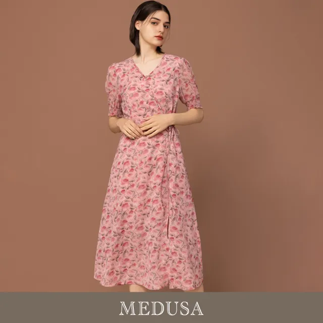 【MEDUSA 曼度莎】現貨-浪漫玫瑰側綁結雪紡長洋裝（M-XL）｜雪紡洋裝 約會穿搭 碎花洋裝(601-90906)