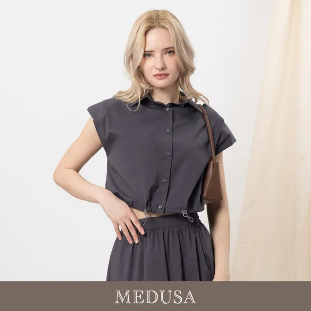 【MEDUSA 曼度莎】現貨-簡約擴肩短版抽繩襯衫 - 2色（M-XL）｜女短袖襯衫 短版上衣 休閒上衣(605-5060A)