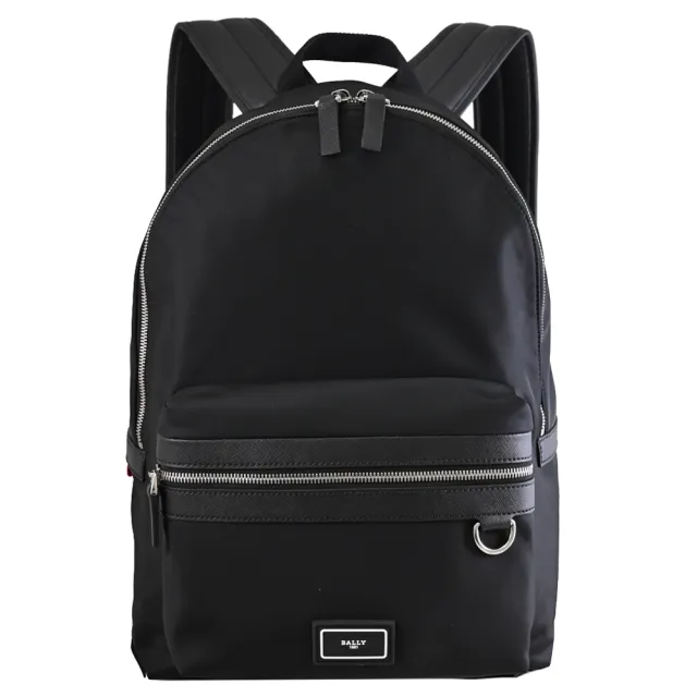【BALLY】簡約品牌LOGO厚尼龍前口袋手提旅用包後背包(黑 大款)