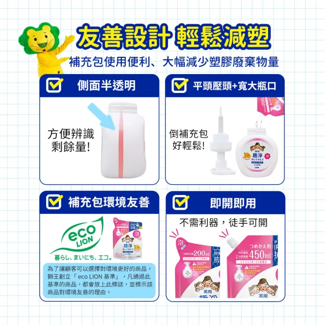 【LION 獅王】趣淨抗菌洗手慕斯補充包450mlx4入組(柑橘/果香)
