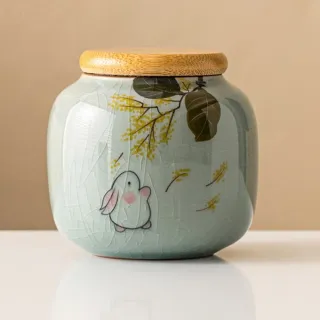 手繪冰裂汝窯陶瓷罐(中式 冰片 陶罐 茶罐 茶葉罐 收納罐 中藥罐 置物罐 咖啡豆 普洱)