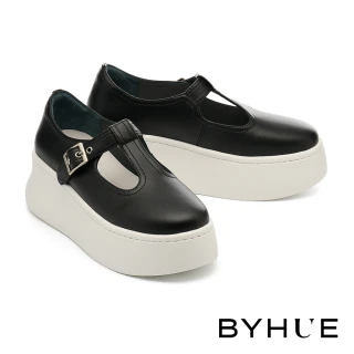 【BYHUE】率性時尚T字寬帶全真皮瑪莉珍軟芯厚底休閒鞋(黑)