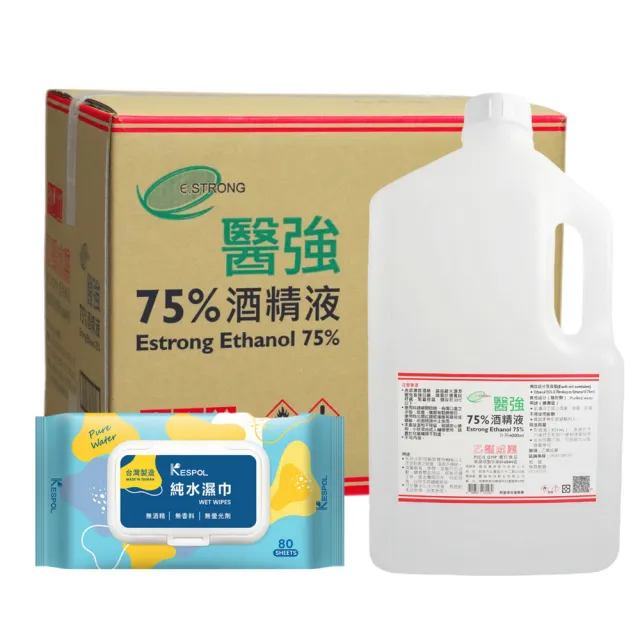 【醫強】75%酒精液 6桶組+克司博純水濕巾 1包(4000ml/桶+80抽純水濕巾/包)