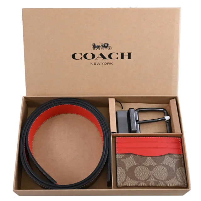 【COACH】經典雙面雙材質皮帶信用卡名片隨身卡2組禮盒組(駝/紅)