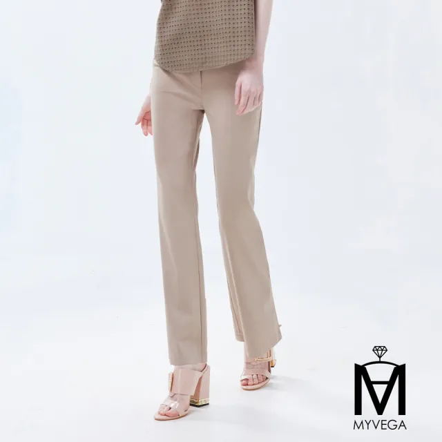 【MYVEGA 麥雪爾】MA高彈力logo刺繡貝殼扣喇叭褲-共三色(女長褲/女下身/女下著/西裝褲)