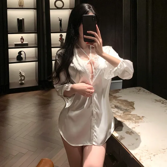 【愛衣朵拉】男友風白色襯衫睡衣 蕾絲小心機睡袍(女睡衣性感居家服飾)