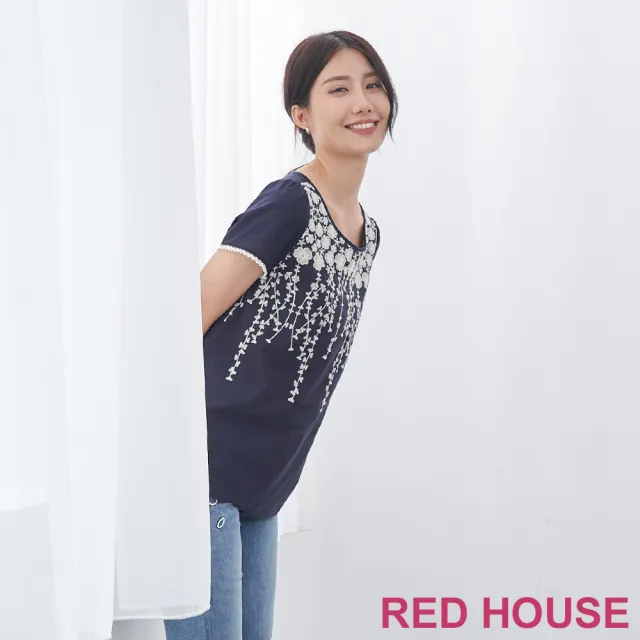 【RED HOUSE 蕾赫斯】日系刺繡花朵棉質上衣(深藍色)