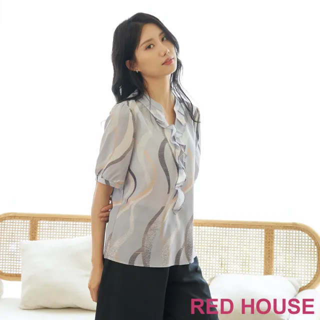 【RED HOUSE 蕾赫斯】浪漫荷葉領波浪印花上衣(淺藍色)