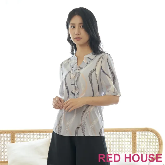 【RED HOUSE 蕾赫斯】浪漫荷葉領波浪印花上衣(淺藍色)