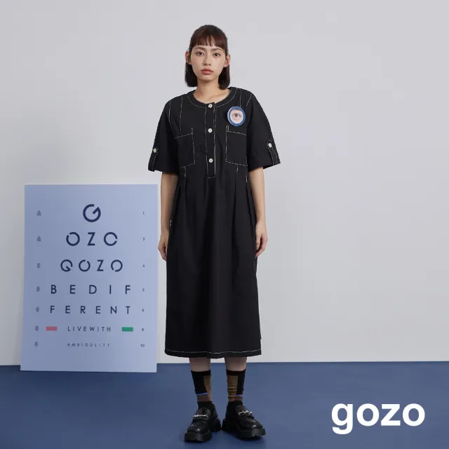 【gozo】MOMO獨家款★限量開賣 壓線雙口袋打褶造型洋裝(桔色)