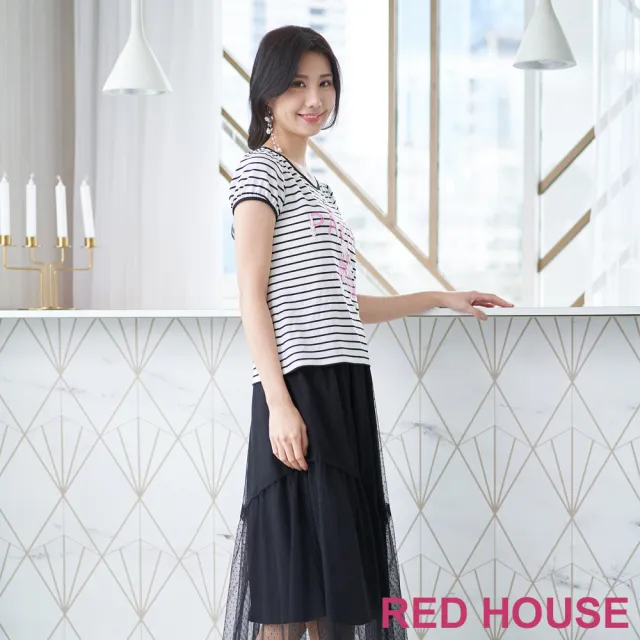 【RED HOUSE 蕾赫斯】不對稱剪接圓點網紗紗裙(黑色)