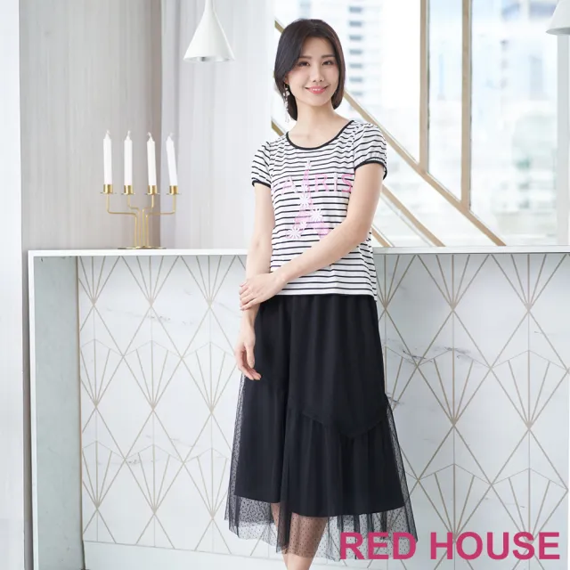 【RED HOUSE 蕾赫斯】不對稱剪接圓點網紗紗裙(黑色)