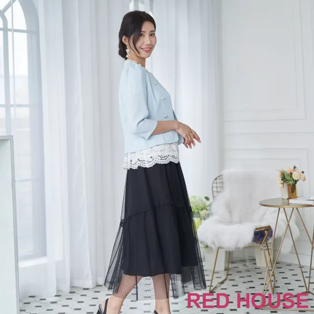 【RED HOUSE 蕾赫斯】不對稱剪接圓點網紗紗裙(黑色)