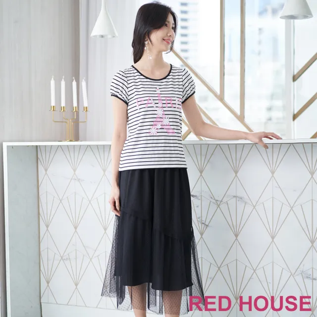 【RED HOUSE 蕾赫斯】不對稱剪接圓點網紗紗裙(黑色)