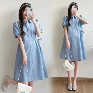 【漂亮小媽咪】夏日 珍珠 襯衫 條紋 polo領 翻領 開扣 襯衫 洋裝 孕婦洋裝(細)